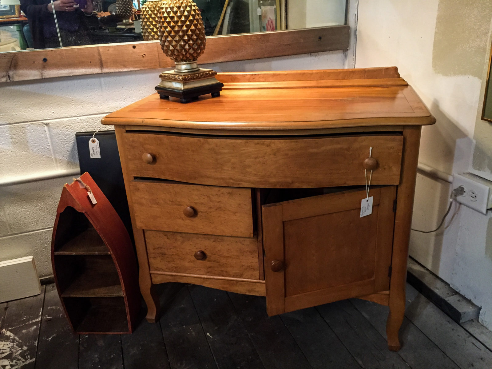 Birdseye Maple Chest • Measuring 34" x 19" x 28", this cute chest is a great piece for any room. With three drawers and a door, there is plenty of storage. Pretty as it is, it's a great piece for up-cycling and would make a perfect vanity in a powder room or small bathroom.