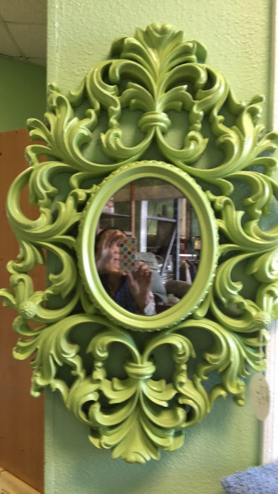 Lime Green Retro Mirror • Very retro vintage mirror in a bright lime green color and smokey glass mirror for a true vintage look. Add a pop of color to your entry, bathroom or even your dining room.