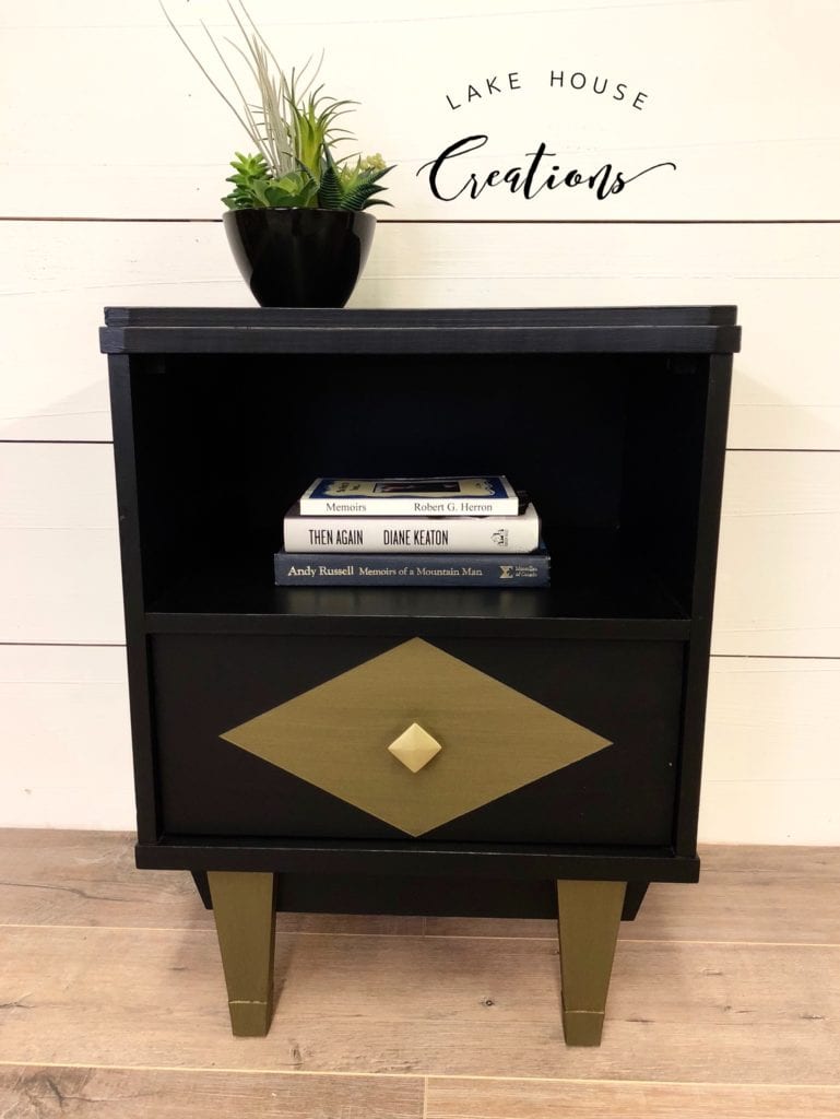 Vintage MCM Nightstand • Vintage MCM nightstand in black features deep shelf and spacious drawer. New brushed gold hardware. Matching dresser and tallboy available.

Dimensions
(W)18” x (D)14” x (H)24.5”